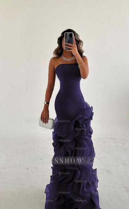 Strapless Sleeveless Long Mermaid Formal Dress With Tulle Ruffles