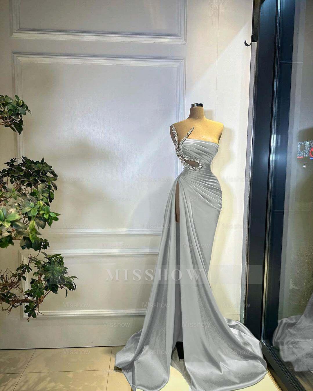 Strapless Sleeveless Long Mermaid Split Formal Dress With Beading