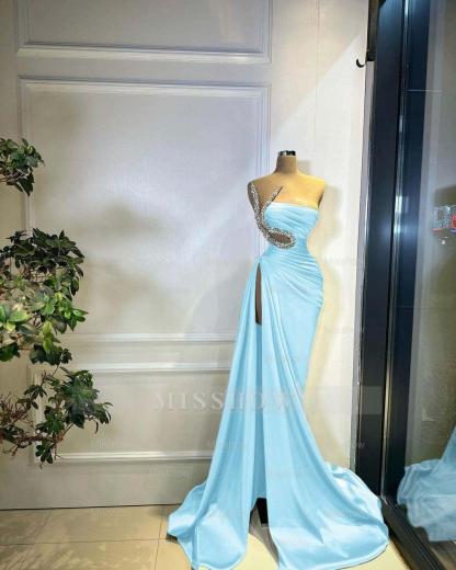 Strapless Sleeveless Long Mermaid Split Formal Dress With Beading
