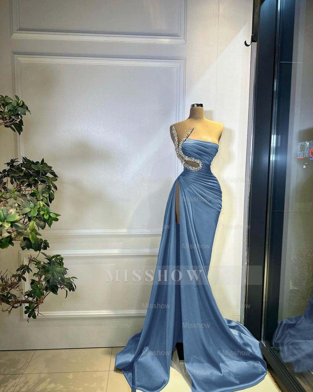 Strapless Sleeveless Long Mermaid Split Formal Dress With Beading