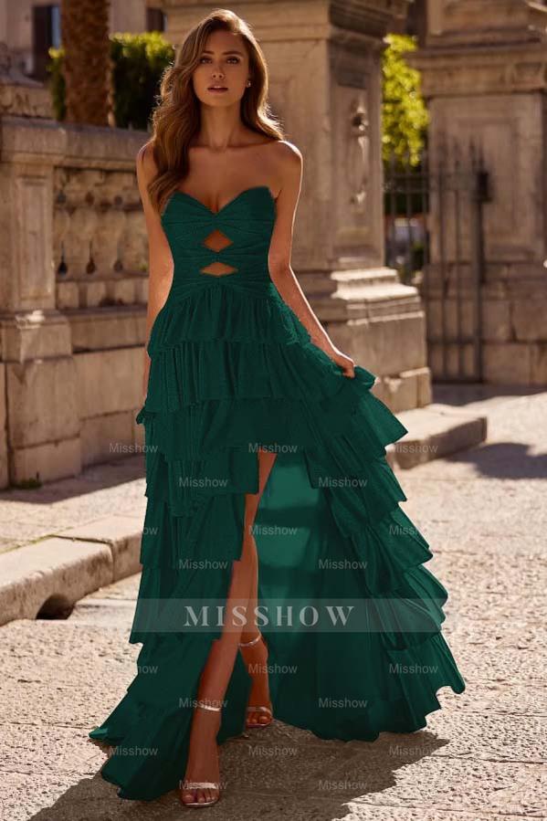 Strapless Sleeveless Long Split Formal Dress With Pleated Beading
