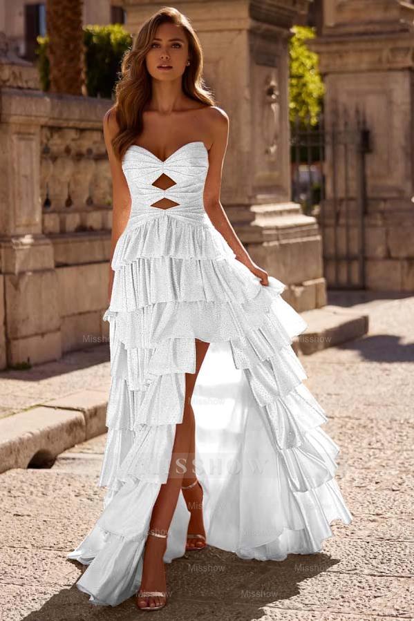 Strapless Sleeveless Long Split Formal Dress With Pleated Beading
