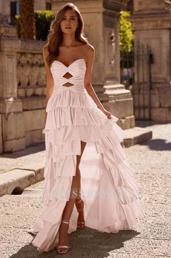 Strapless Sleeveless Long Split Formal Dress With Pleated Beading