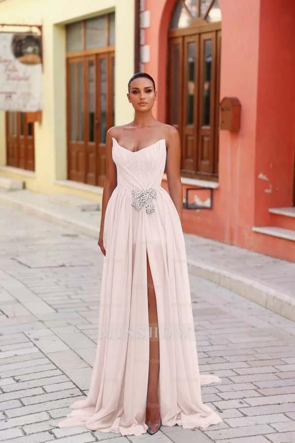 Strapless Sleeveless Long Split Formal Dress With Pleated Beading