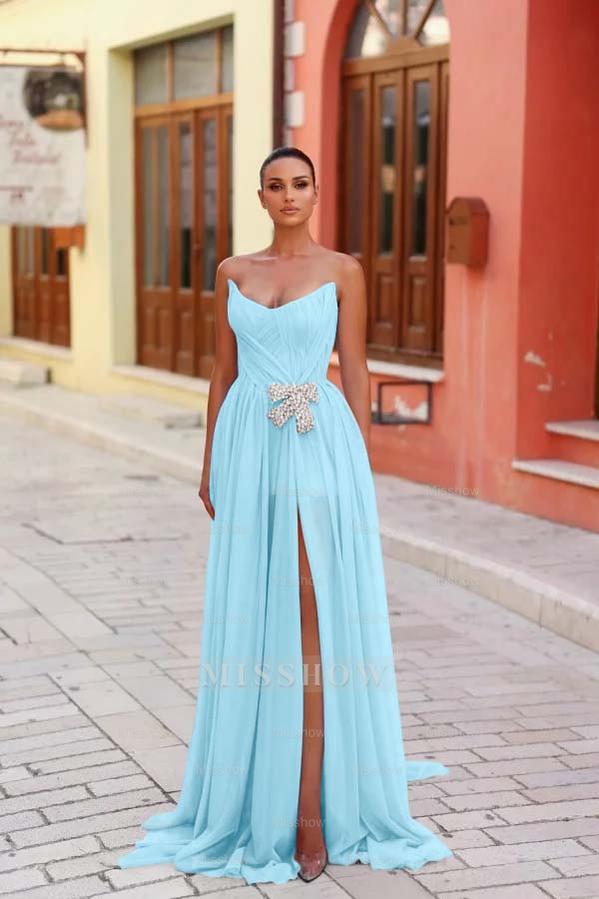 Strapless Sleeveless Long Split Formal Dress With Pleated Beading