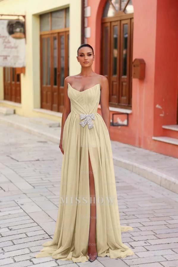Strapless Sleeveless Long Split Formal Dress With Pleated Beading