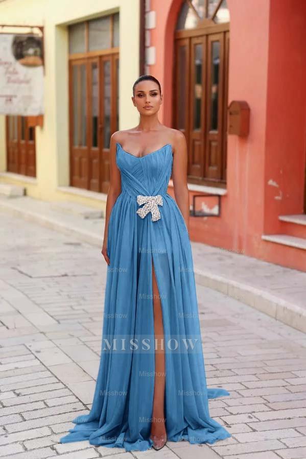 Strapless Sleeveless Long Split Formal Dress With Pleated Beading