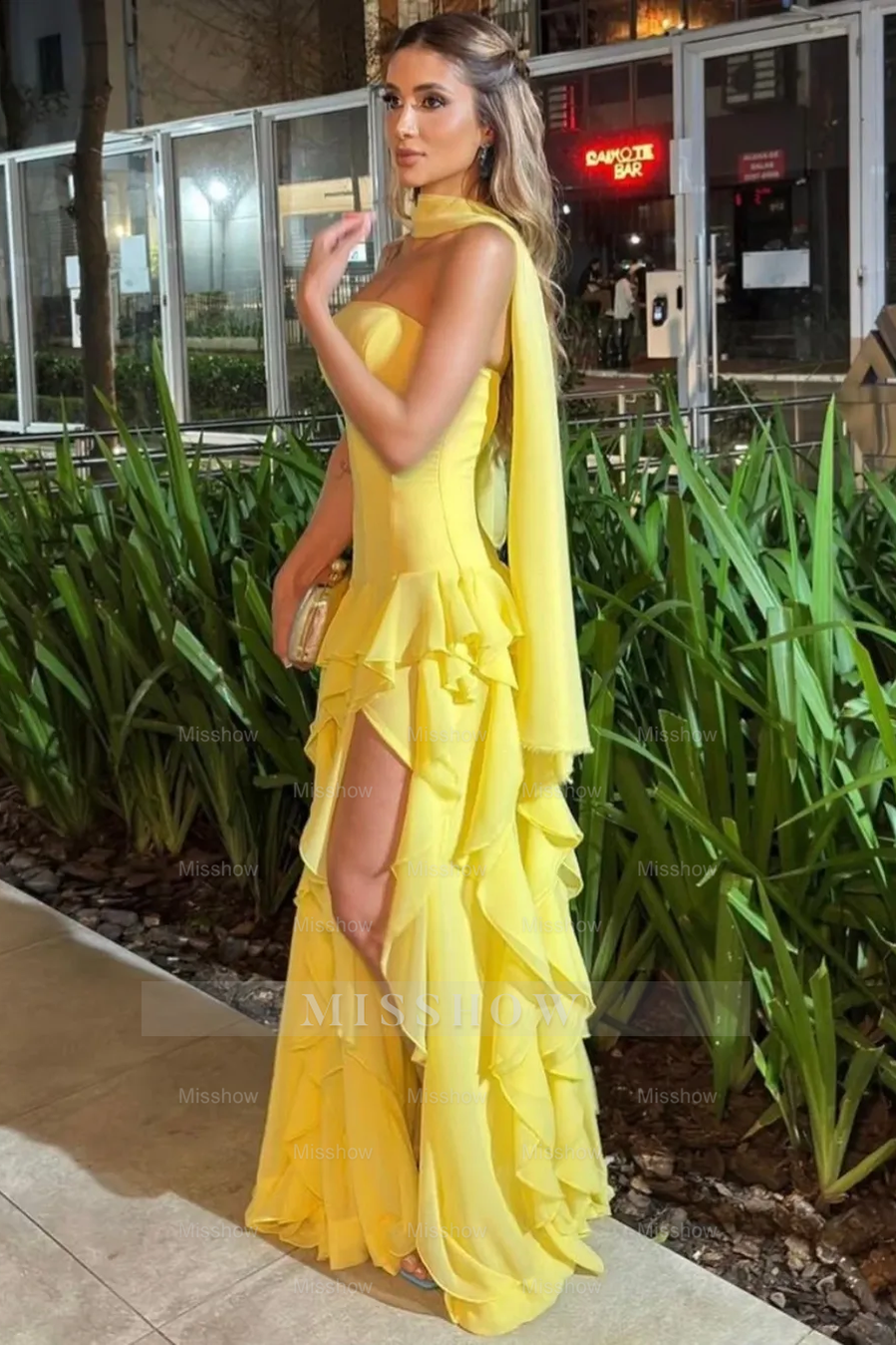 Strapless Sleeveless Long Split Formal Dress With Pleated Ruffles