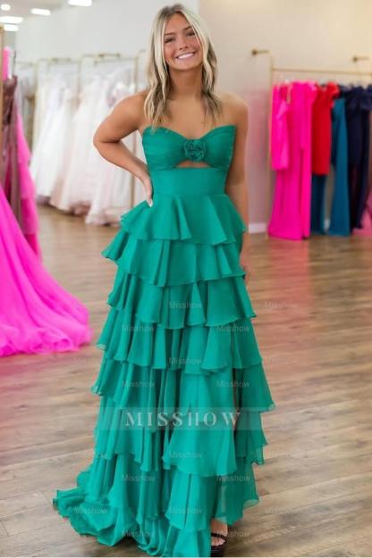 Strapless Sleeveless Long Split Formal Dress With Pleated Ruffles