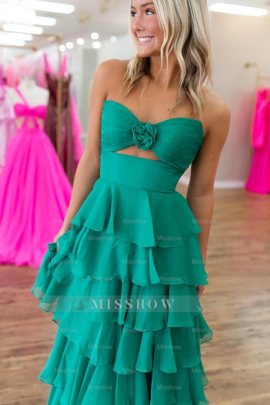 Strapless Sleeveless Long Split Formal Dress With Pleated Ruffles