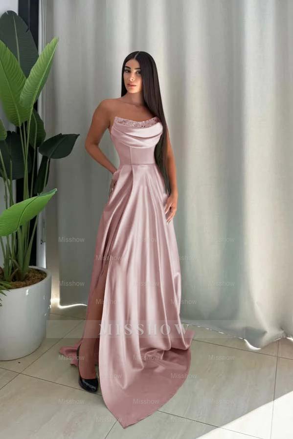 Strapless Sleeveless Long Split Formal Dress With Pleated Sequin