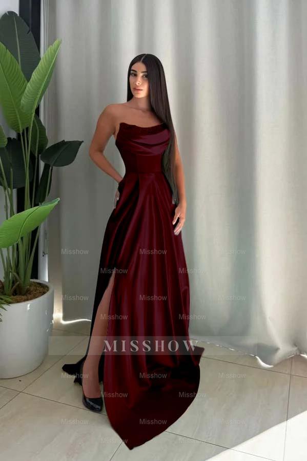 Strapless Sleeveless Long Split Formal Dress With Pleated Sequin