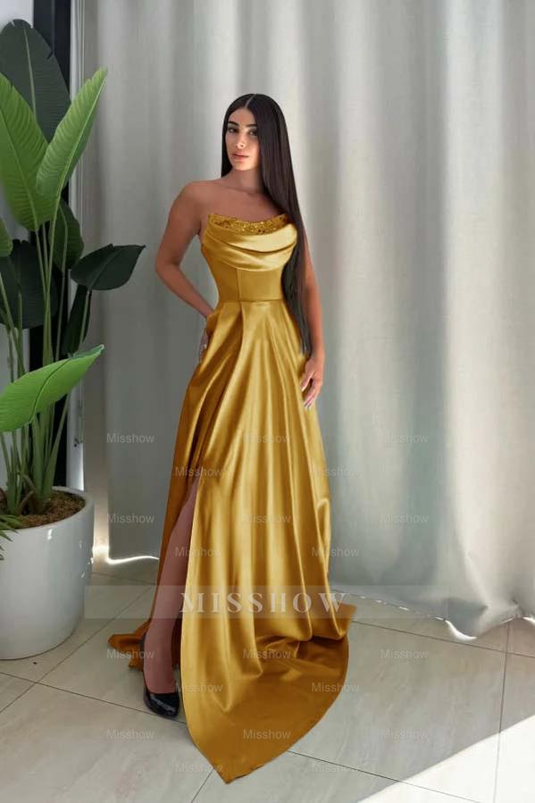 Strapless Sleeveless Long Split Formal Dress With Pleated Sequin