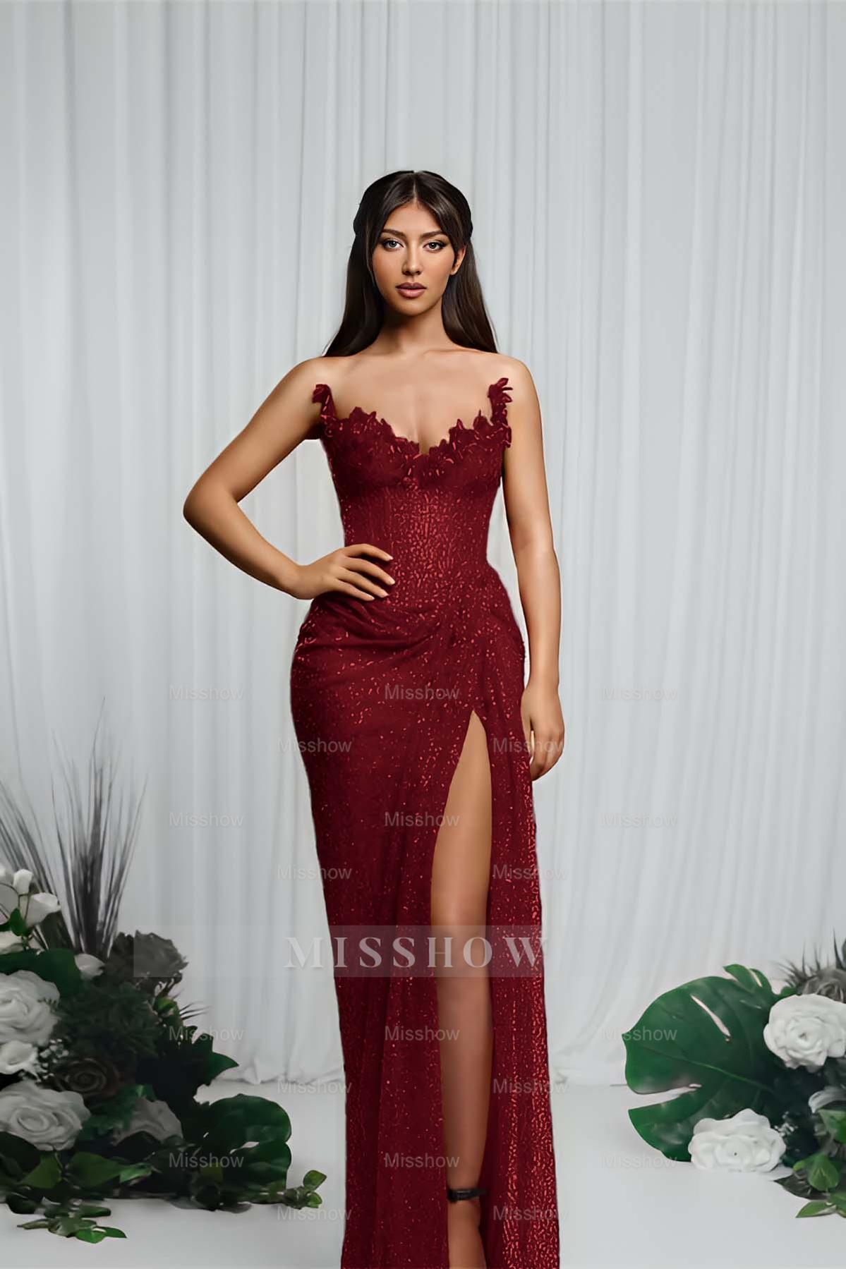 Strapless Sleeveless Mermaid Formal Dress With High Split Pleated