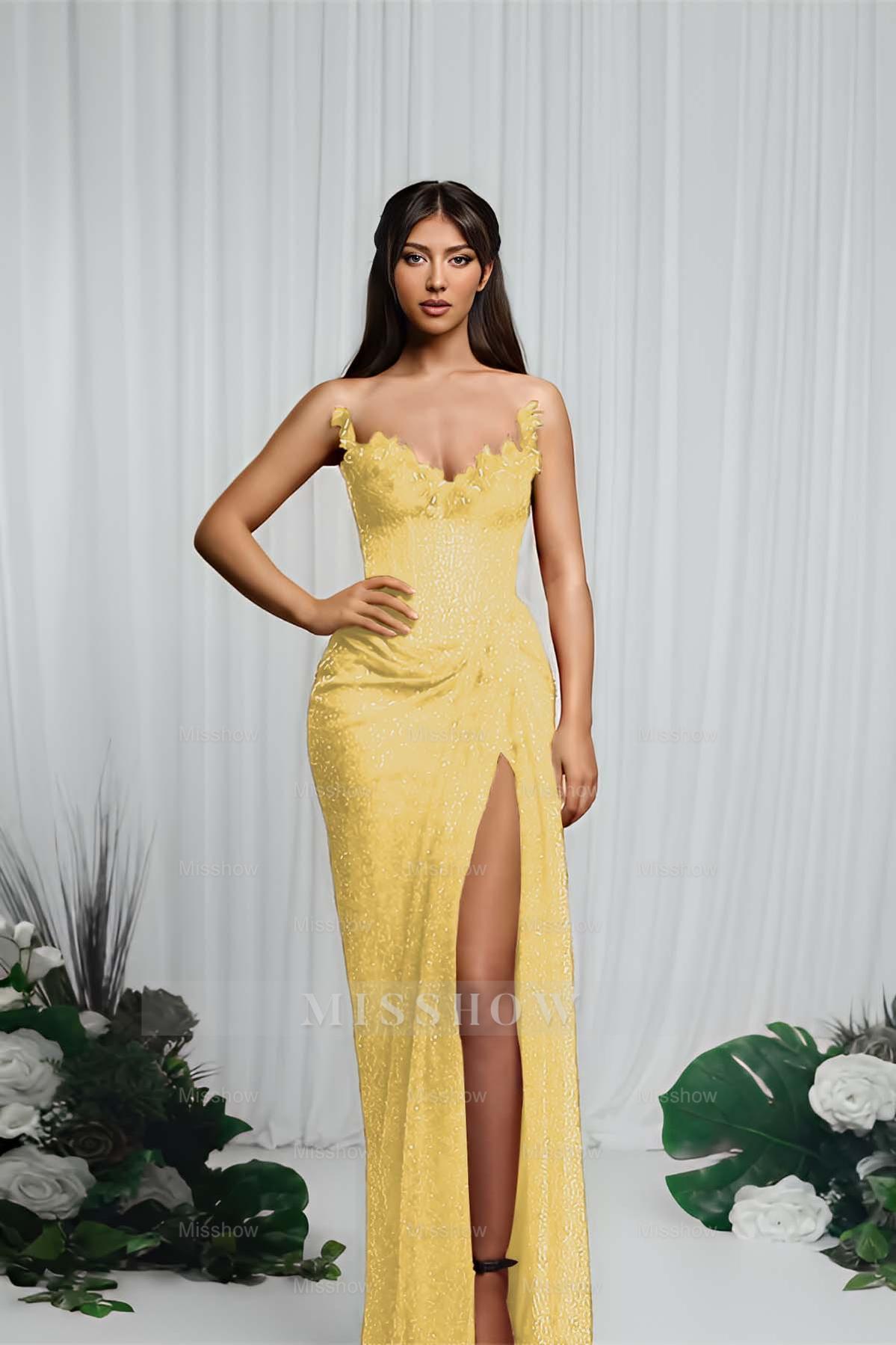 Strapless Sleeveless Mermaid Formal Dress With High Split Pleated