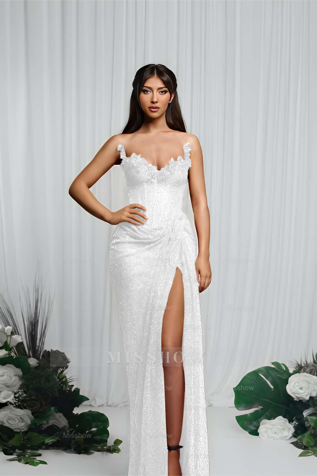 Strapless Sleeveless Mermaid Formal Dress With High Split Pleated