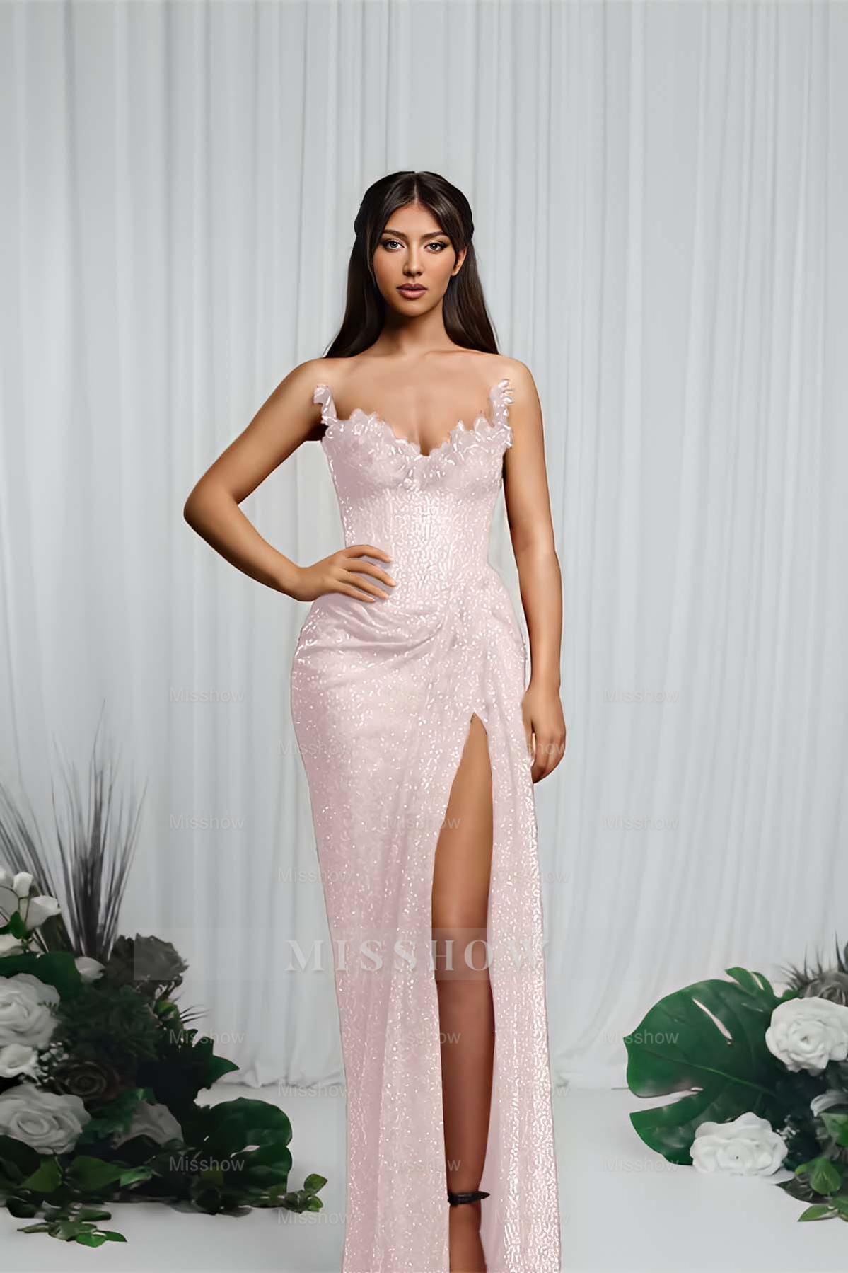Strapless Sleeveless Mermaid Formal Dress With High Split Pleated