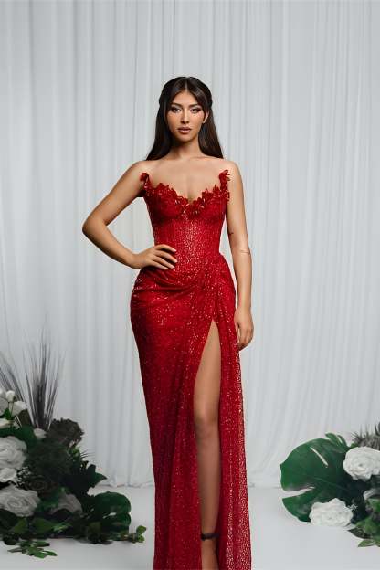 Strapless Sleeveless Mermaid Formal Dress With High Split Pleated