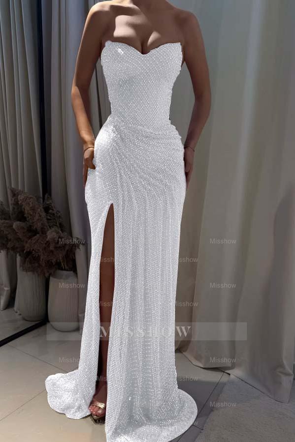 Strapless Sleeveless Mermaid Long Formal Dress With Split Pleated