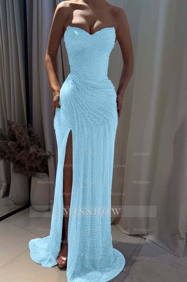 Strapless Sleeveless Mermaid Long Formal Dress With Split Pleated