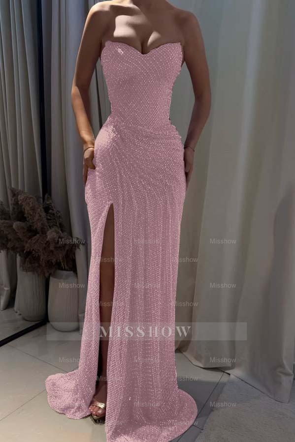 Strapless Sleeveless Mermaid Long Formal Dress With Split Pleated