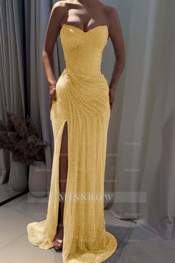 Strapless Sleeveless Mermaid Long Formal Dress With Split Pleated