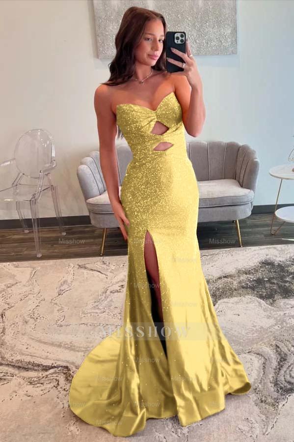Strapless Sleeveless Mermaid Long Formal Dress With Split Sequins
