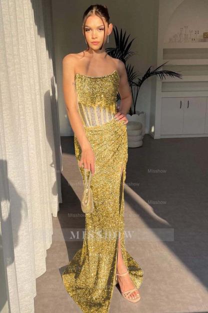 Strapless Sleeveless Mermaid Long Split Formal Dress With Sequins