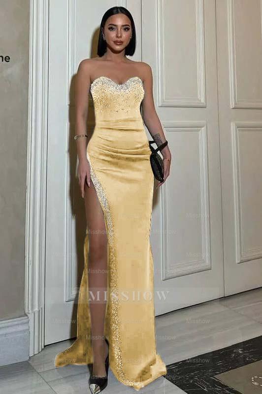 Strapless Sleeveless Mermaid Split Long Formal Dress With Beading