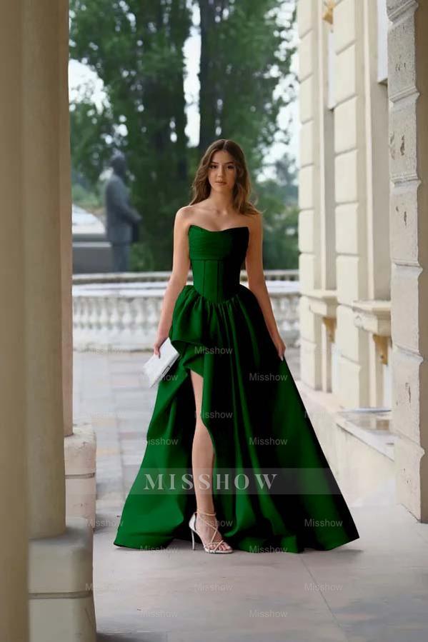 Strapless Sleeveless Side Split Long Formal Dress With Pleated