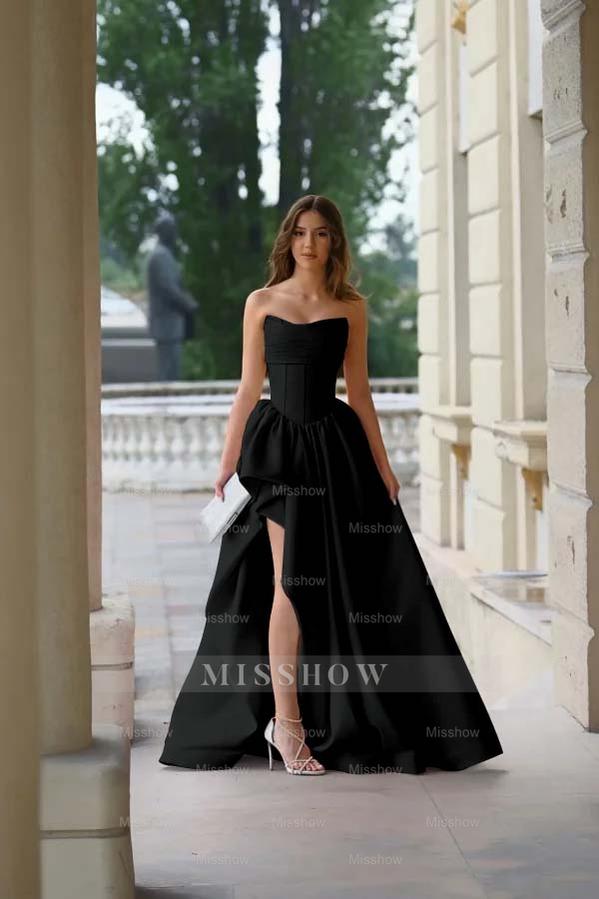 Strapless Sleeveless Side Split Long Formal Dress With Pleated