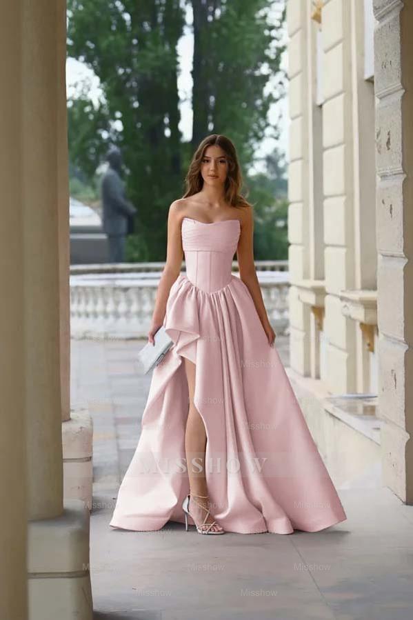 Strapless Sleeveless Side Split Long Formal Dress With Pleated
