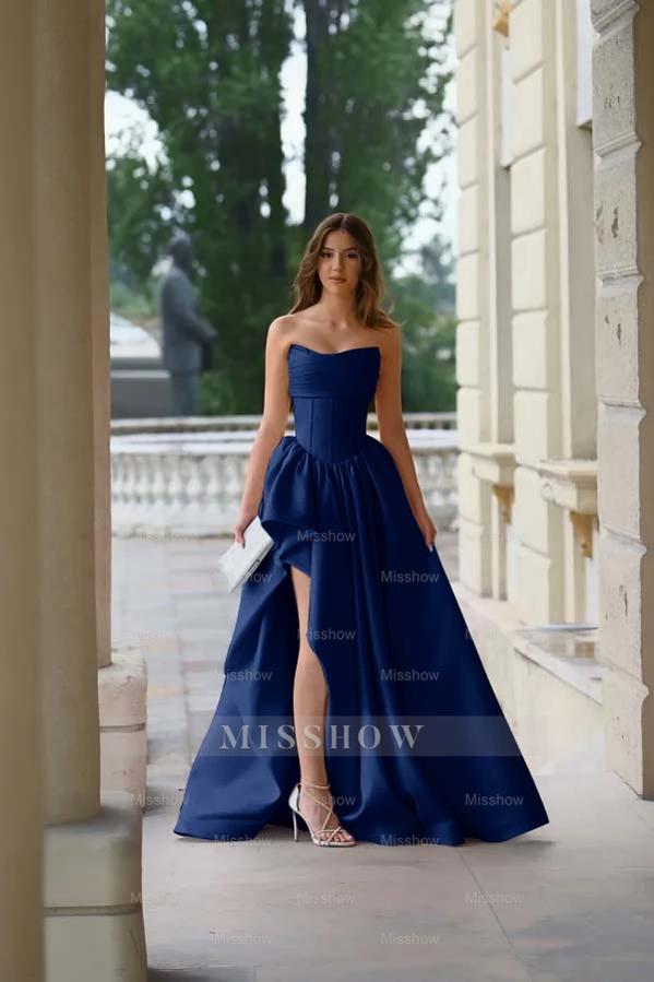 Strapless Sleeveless Side Split Long Formal Dress With Pleated