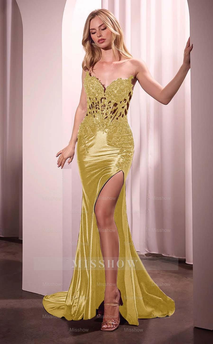 Strapless Sleeveless Split Long Mermaid Formal Dress With Appliques