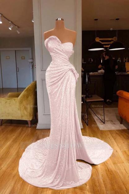 Strapless Sweetheart Sleeveless Long Mermaid Formal Dress Red With Sequins