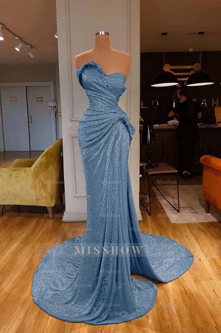 Strapless Sweetheart Sleeveless Long Mermaid Formal Dress Red With Sequins