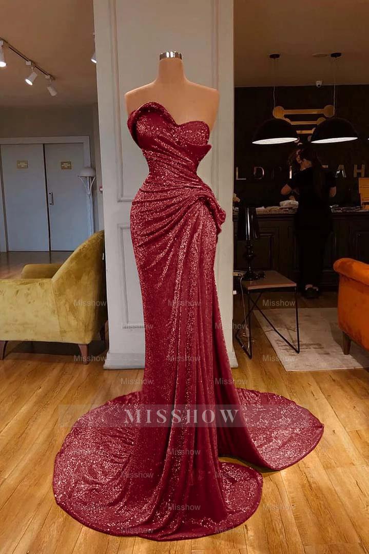 Strapless Sweetheart Sleeveless Long Mermaid Formal Dress Red With Sequins