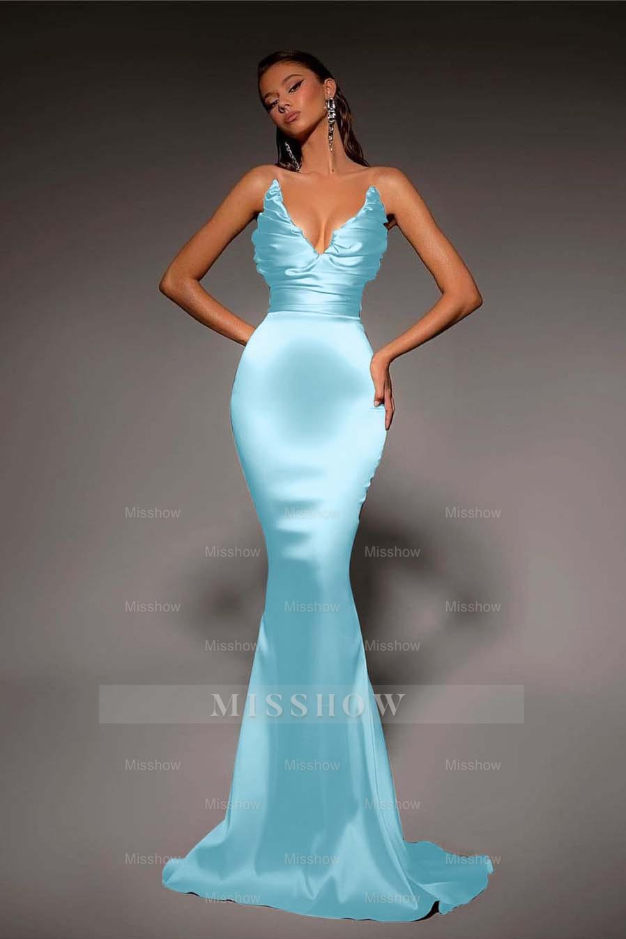 Strapless V Neck Sleeveless Long Mermaid Formal Dress With Pleated