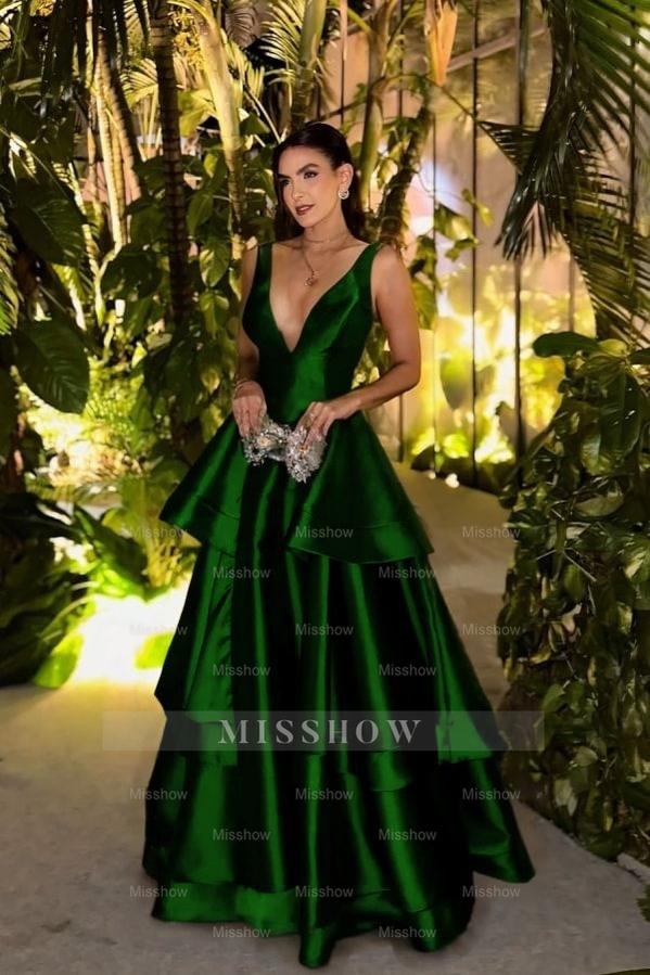 Straps Deep V Neck Sleeveless A Line Long Formal Dress With Pleated