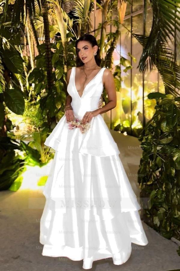 Straps Deep V Neck Sleeveless A Line Long Formal Dress With Pleated