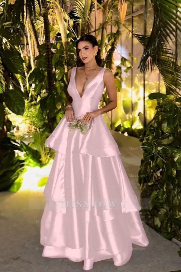 Straps Deep V Neck Sleeveless A Line Long Formal Dress With Pleated