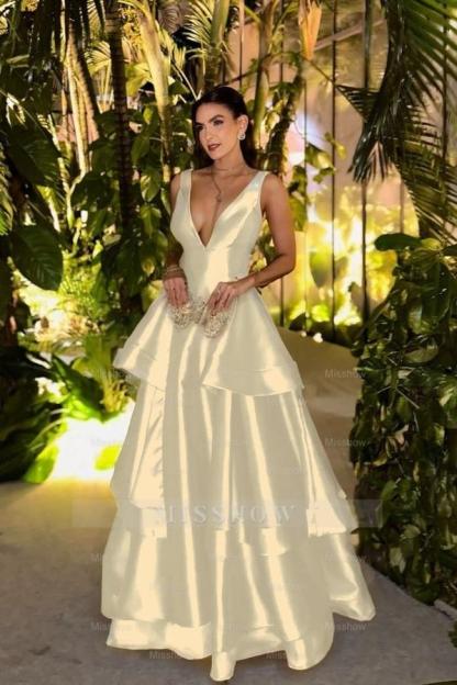 Straps Deep V Neck Sleeveless A Line Long Formal Dress With Pleated