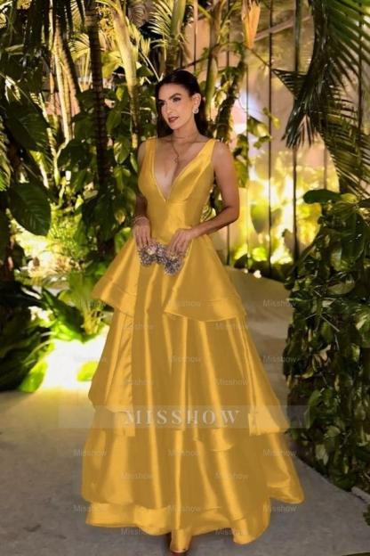 Straps Deep V Neck Sleeveless A Line Long Formal Dress With Pleated