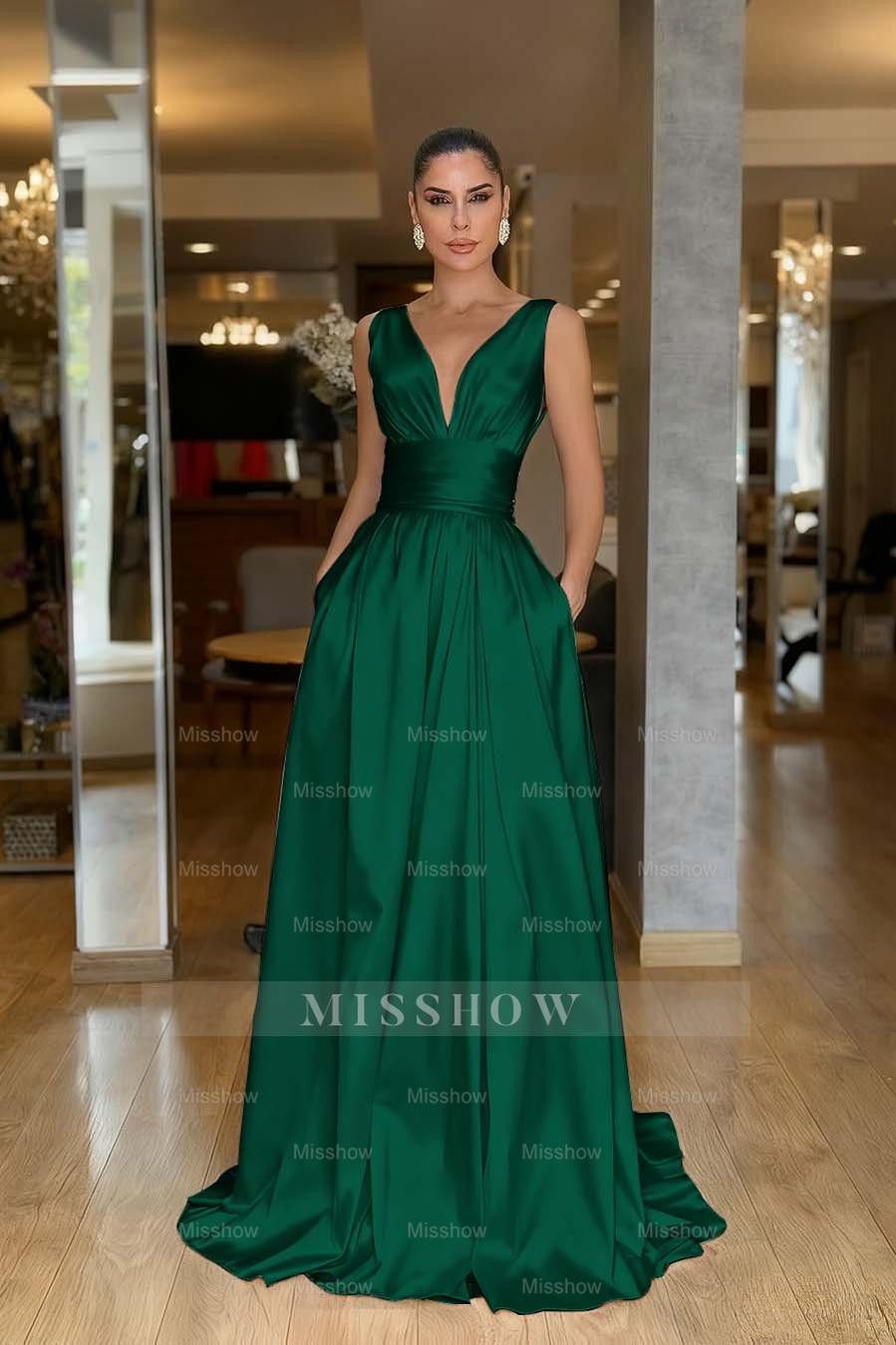 Straps Sleeveless High Waist Long Formal Dress With Pockets Pleated