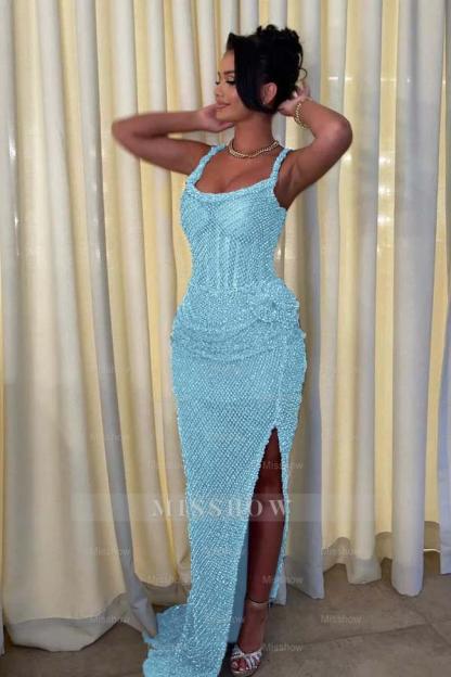 Straps Sleeveless Long Mermaid Formal Dress With Split Sequins