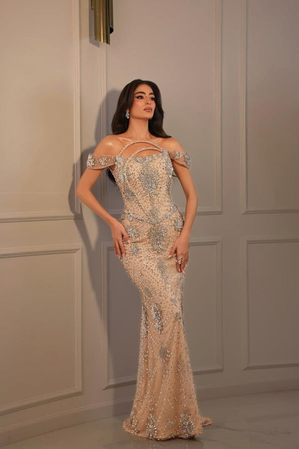 Striking Champagne Off-The-Shoulder Lace Mermaid Evening Dress with Rhinestones