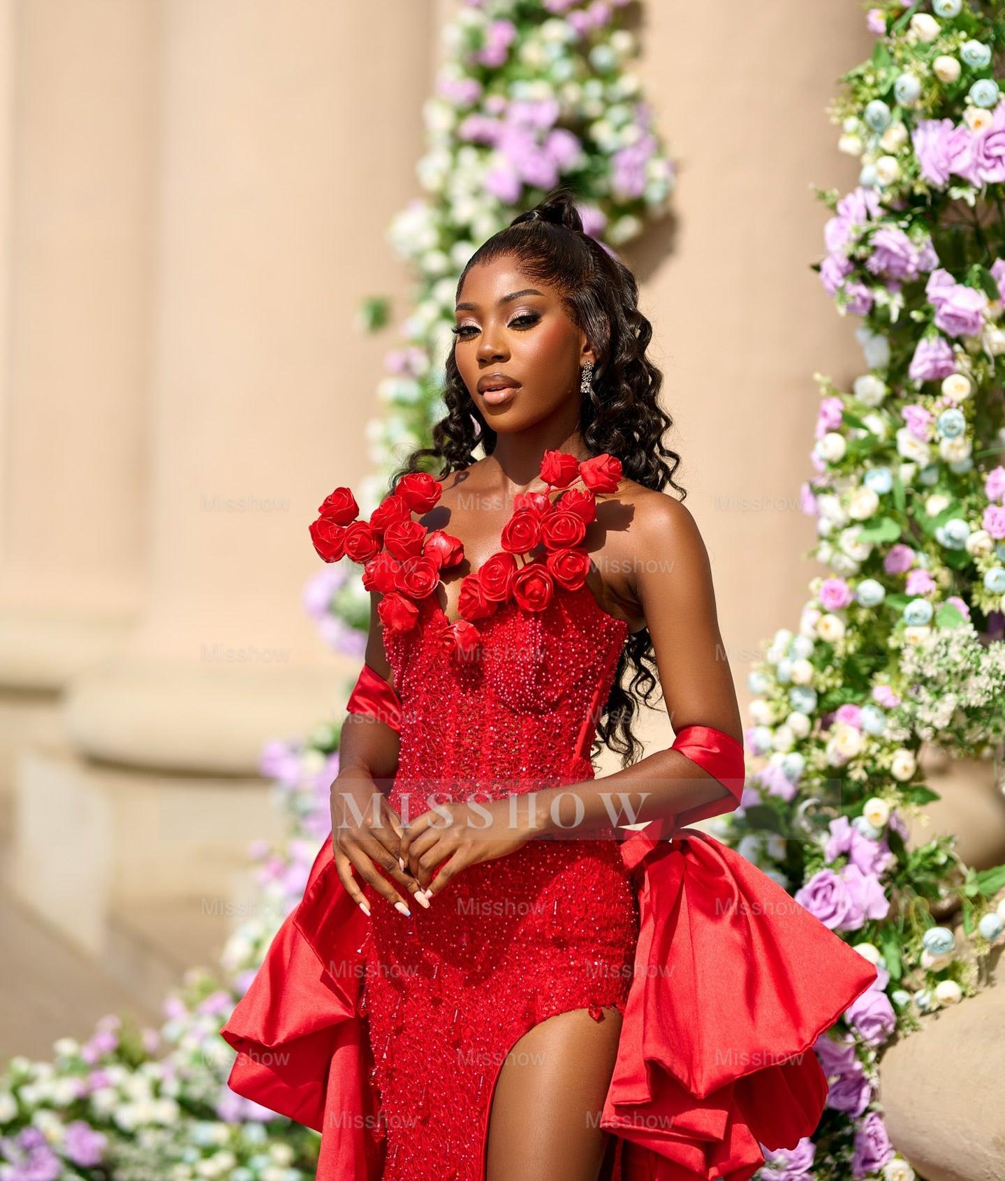 Striking Long Red V-Neck Sleeveless Mermaid Beaded Prom Dress with Slit and Detachable Train
