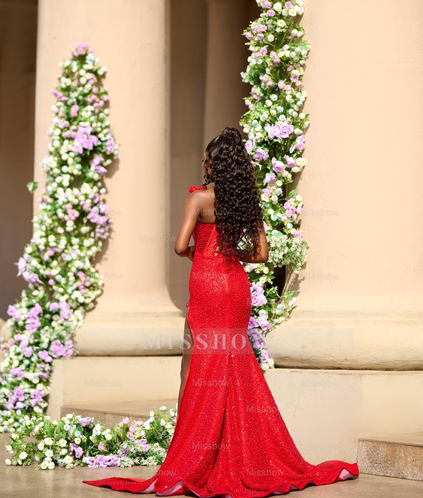 Striking Long Red V-Neck Sleeveless Mermaid Beaded Prom Dress with Slit and Detachable Train