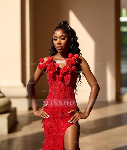 Striking Long Red V-Neck Sleeveless Mermaid Beaded Prom Dress with Slit and Detachable Train