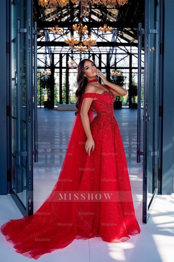Striking Red A-Line Off-The-Shoulder Rhinestones Prom Dress with Watteau Train